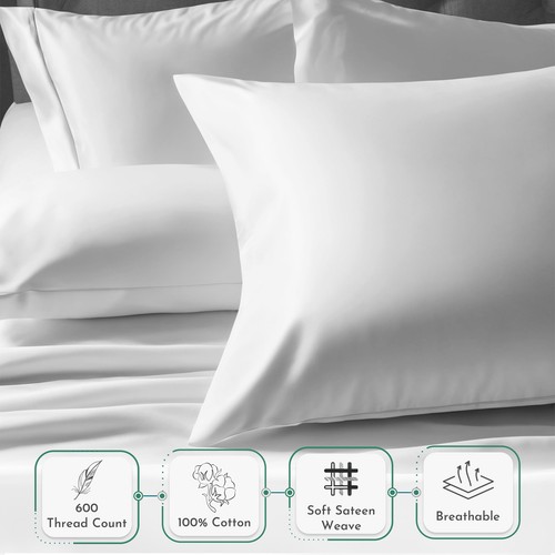 Luxuriously Soft 600 Thread Count 100% Cotton King Size White Pillowcase Set ... - Picture 4 of 9