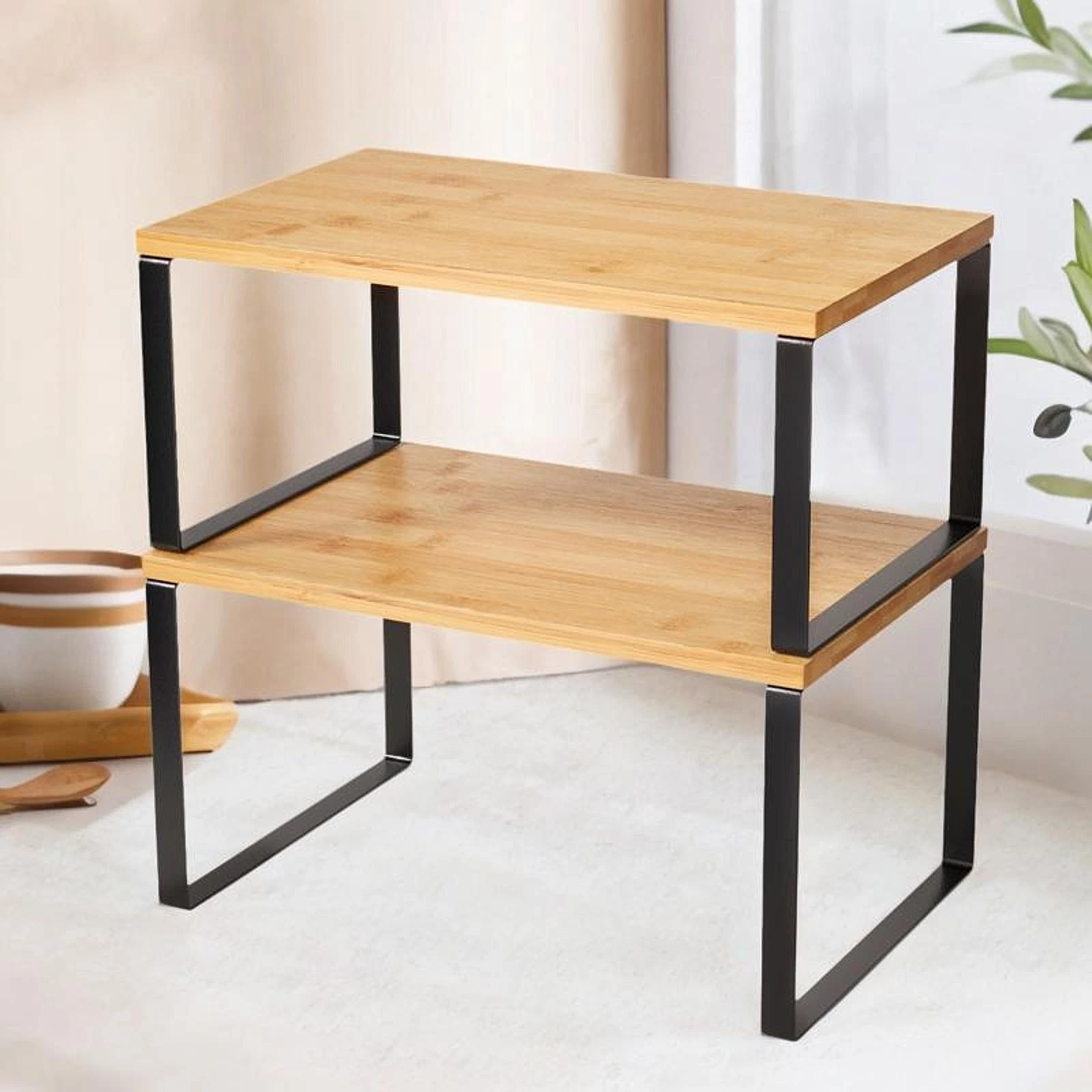 Kitchen Organizer Counter Shelves Multipurpose Bamboo and Iron Pantry Storage