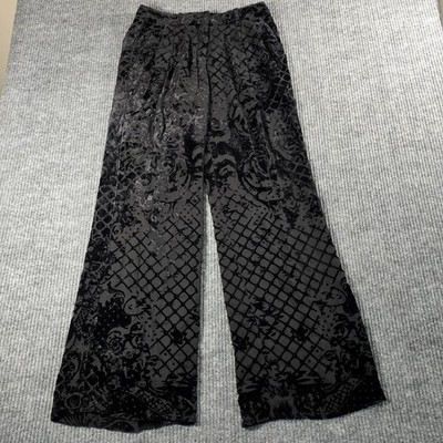 Balmain x HM Black Devore Velvet Rose Wide Leg Pants Size 4 Burnout Trousers