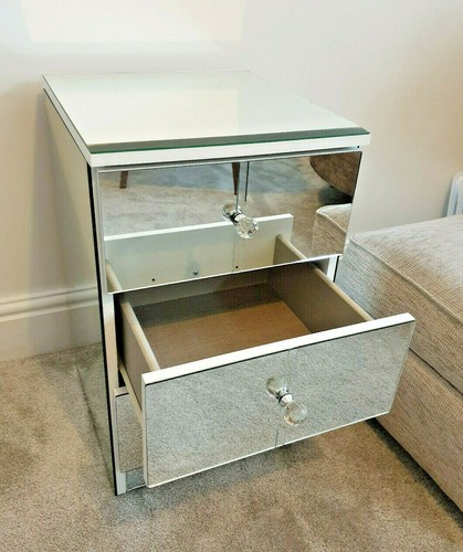 Mirrored Glass Bedside Table Cabinet 3 Drawer Chest Crystal Handles Handmade UK - Picture 11 of 12
