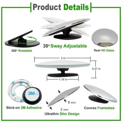 Miroir D'angle Mort Pour Rétroviseur Miroir Convexe Voiture 360° Réglable - Pour Angle Mort Et Conduite Accompagnée - Universel Toutes Voitures - Argent Rétroviseur Conduite Accompagnée