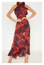 Size 8 Pretty Little Thing NAVY FLORAL PRINT FRILL DETAIL WRAP MAXI DRESS RR £38