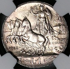 1913 NGC MS 64 Italy 1 Lira Horses Chariot Silver Mint State BU Coin (25062101C)