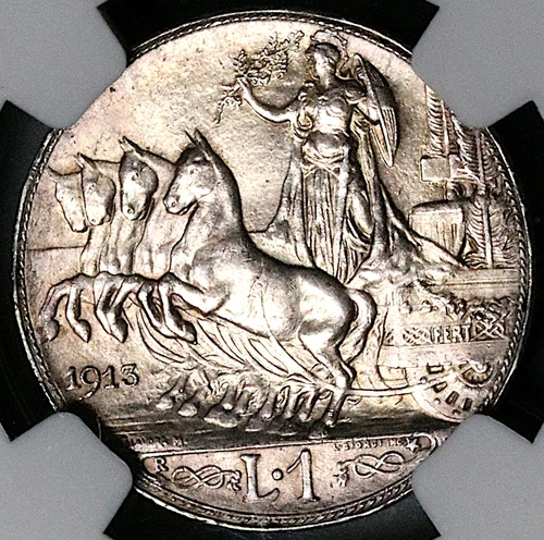1913 NGC MS 64 Italy 1 Lira Horses Chariot Silver Mint State BU Coin (25062101C)