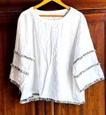 Cynthia Rowley L XL Top White Linen Fringe Beach Coastal Vacation Coverup Breezy