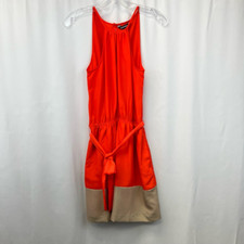 Express Womens Fit & Flare Dress Red Beige Belted Spaghetti Straps Keyhole S