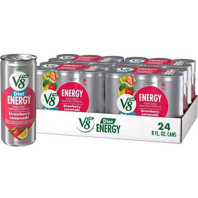 (24 Pack) V8 +ENERGY Diet Strawberry Lemonade Energy Drink with Juice, 8 Fl Oz