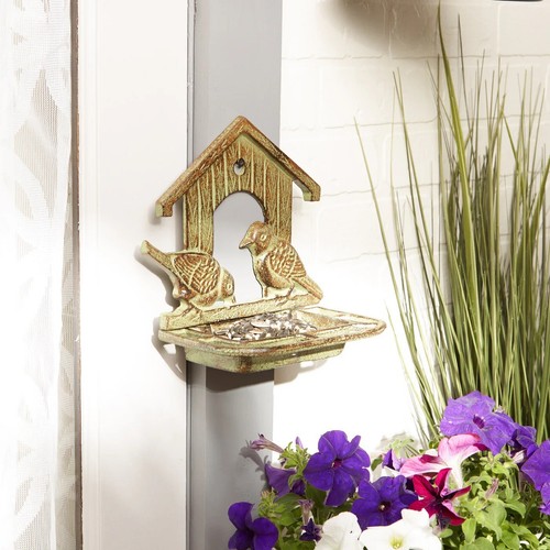 Iron House Bird Feeder Wall Mounted Porch Deck Fence Post Verdigris Decor 9" H - Picture 4 of 9