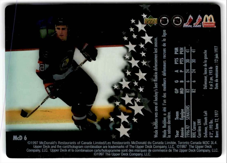 1997-98 Upper Deck McDonald's Wade Redden Ottawa Senators #MCD 6 - Image 2 of 2
