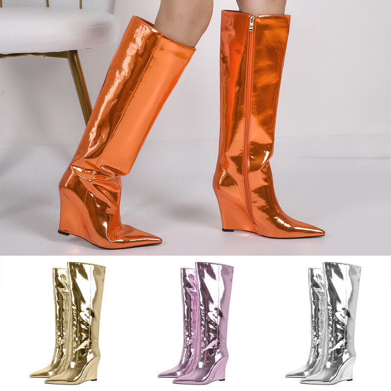 Women Pointed Toe Metallic Leather Zipper Boots Wedge Heel Women Pointed Toe Metallic Leather Zipper Boots Wedge Heel