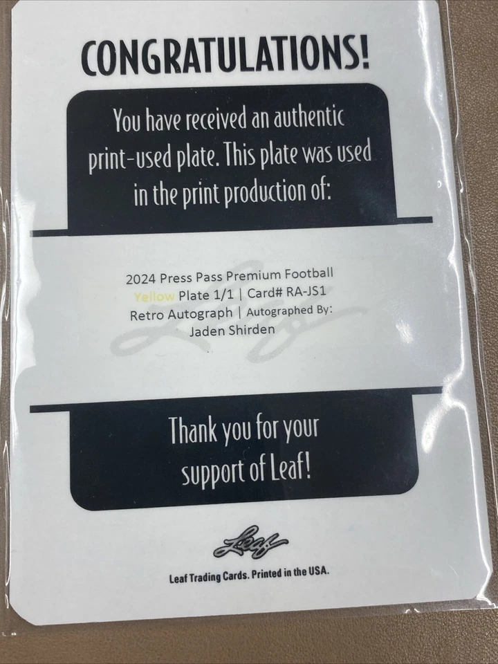 JADEN SHIRDEN Auto 1/1 2024 Leaf Press Pass Printing Plate Autograph 1 Of 1 - Image 3 of 4