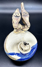 Unusual Art Pottery Oil Lamp Artist Signed 2 Birds Ceramic 6" Blue EUC