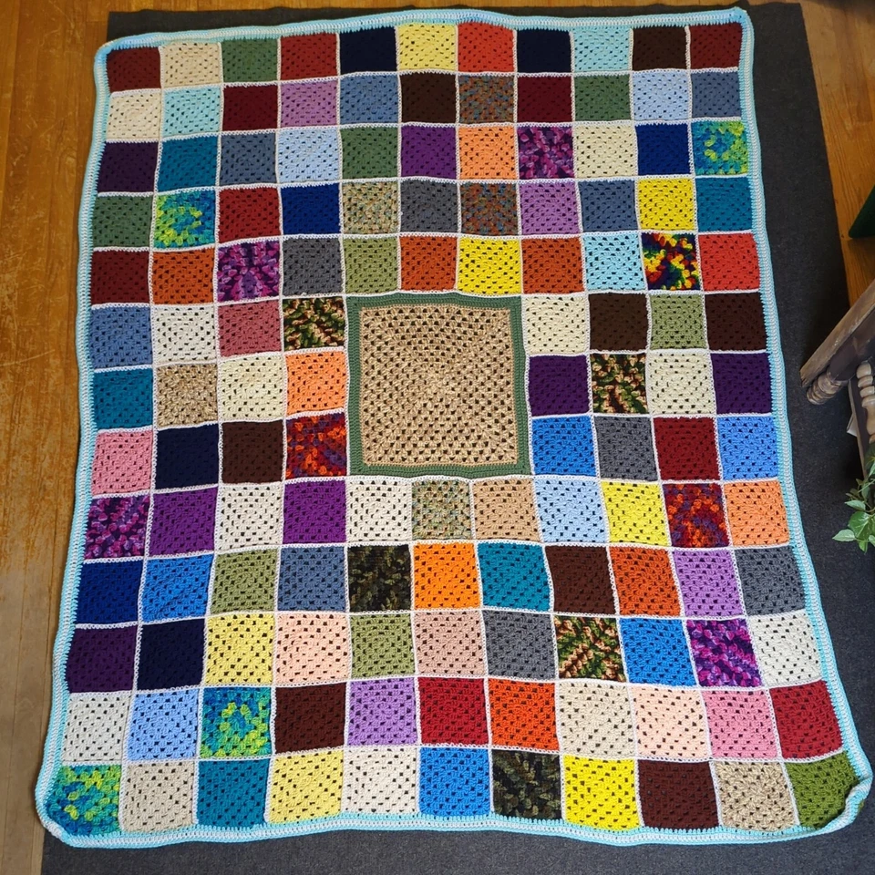 Handmade Crochet Afghan Throw Granny Square Bright Black Outline 83x65 Colorful  - Image 2 of 4