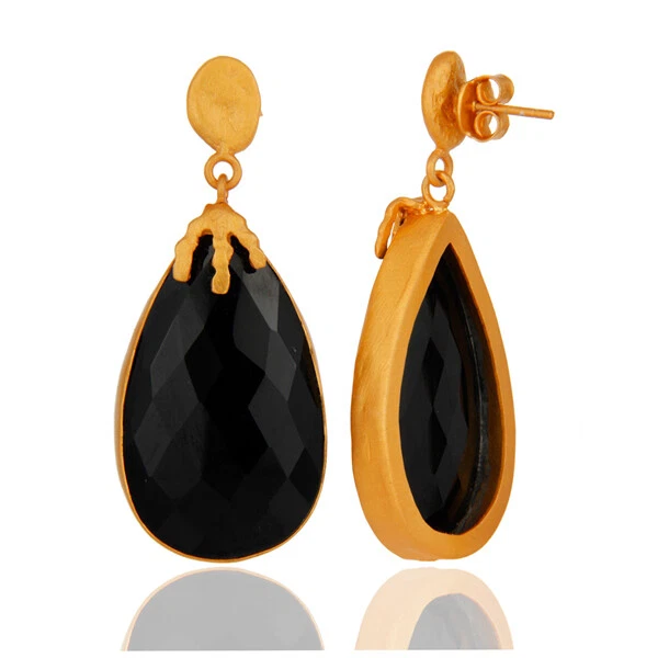 Gorgeous Black Onyx Gemstone Gold Plated Gift Women Dangle Earring Anniversary - Image 2 of 4