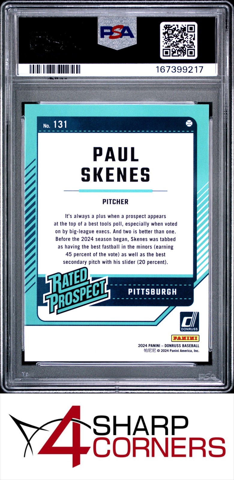 2024 PANINI DONRUSS #131 PAUL SKENES RC RATED PROSPECT PSA 10 view 2