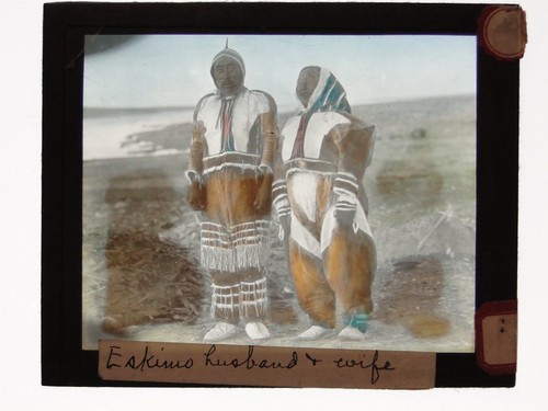 Eskimo Husband Wife Inuit Couple Traditional Dress Magic Lantern Slide c1900s