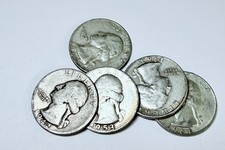 WASHINGTON SILVER QUARTERS LOT OF 5, 90% SILVER CIRCULATED COIN FREE SHIP #10931