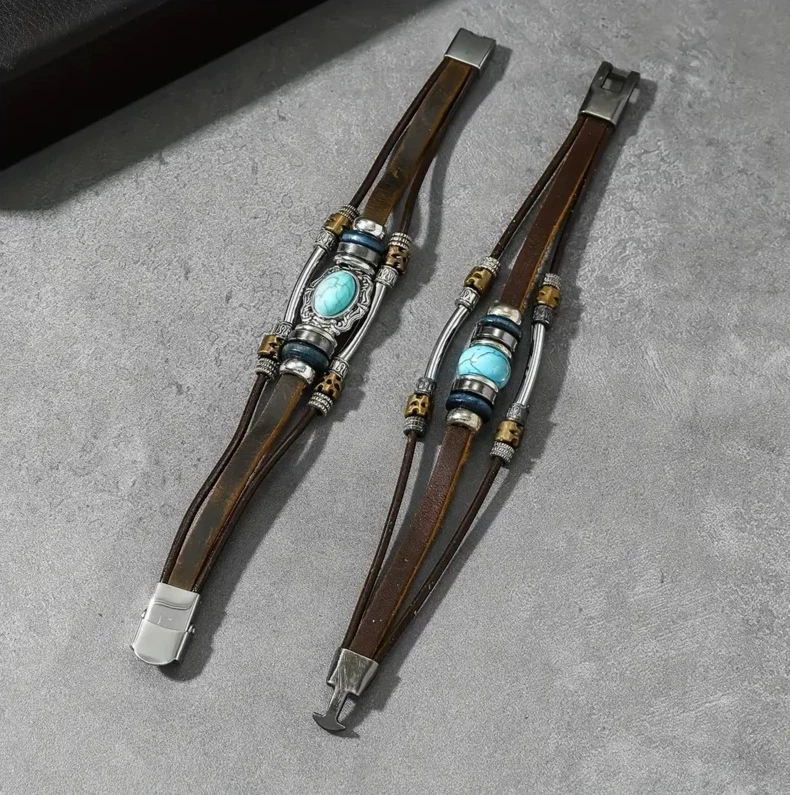 Monas modernes Duo 2x Herren Freundschaftsarmband Leder Clipverschluss Türkis EU - Bild 2 von 4