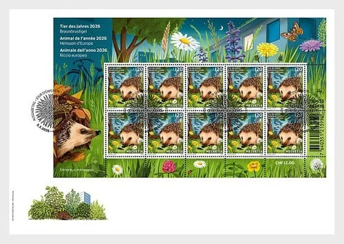 Switzerland 2026 suisse Animal European HEDGEHOD Mammals gardens 10v  FDC PJ