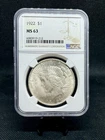 1922 90% Silver Peace Dollar NGC MS63 Brown Label!