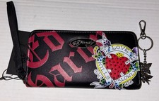 Ed Hardy Zip Around Wallet Wristlet New Love Kills Slowly Skull Crossbones Rose
