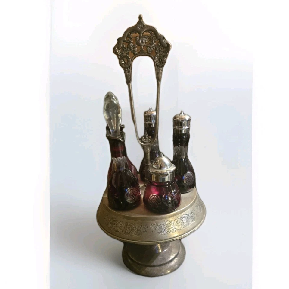 vtg M. Jaccard Silver Plate & Ruby Glass Antique Bohemian Ruby Etched Cruet Set  - Image 2 of 4