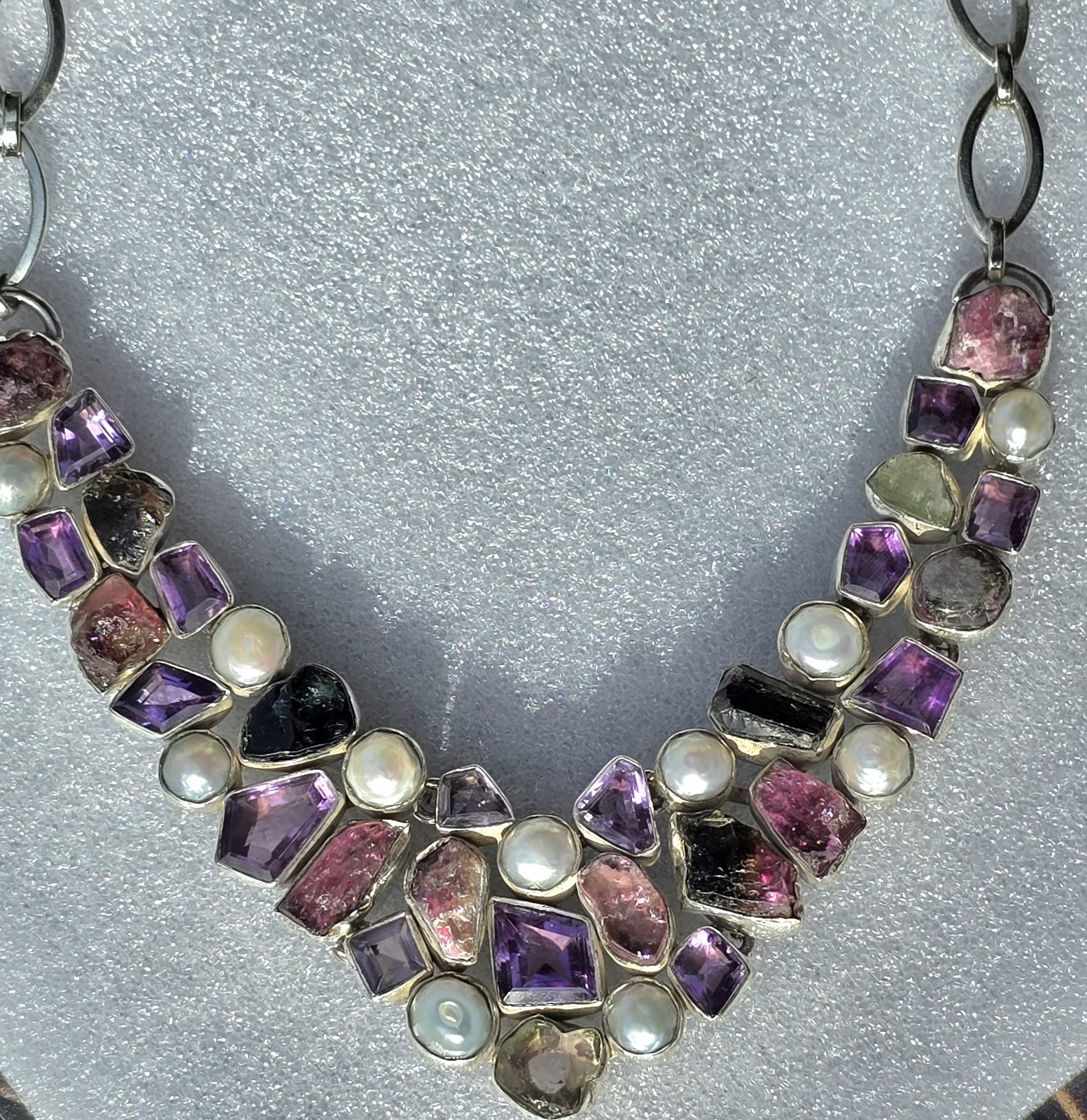 Multi Gemstone Bib Statement Necklace Amethyst Pe… - image 14