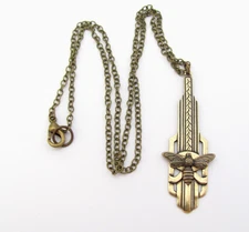 Bee Pendant Necklace Art Deco Style Antiqued Brass Chain Honeybee Insect Gift