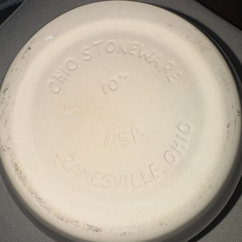 Zainesville, Ohio 10 Inch Stoneware Shoulder Bowl Mixing Blue Strips. - Picture 3 of 4