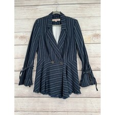 Free People Linen Blend Striped Blazer Womens XS Blue White Flare Wrist