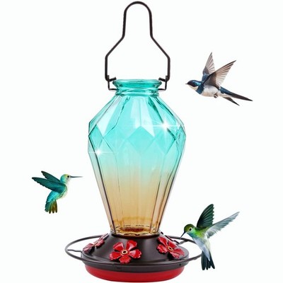 Glass Hummingbird Feeder for Outdoors Hanging, 25Oz Humming Diamond Green 