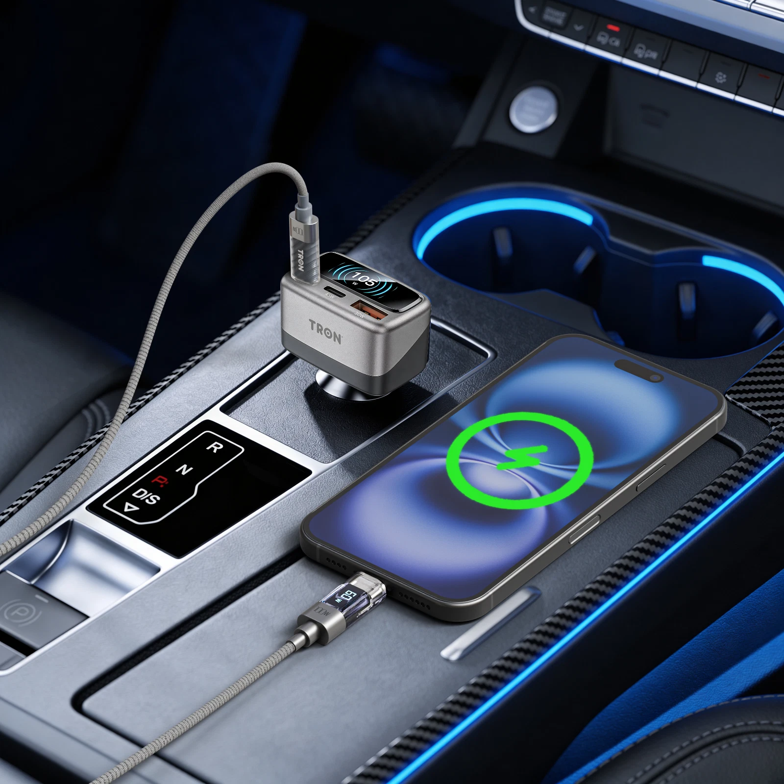 TRON 105W 3-Port Car Charger with Smart TFT Display, USB-C & USB-A Fast Charging - product detail image 9
