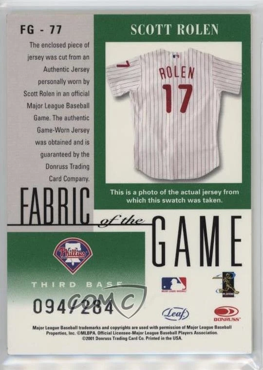 2001 Leaf Certified Materials Fabric of the Game Career Stats Scott Rolen HOF - Image 2 of 2