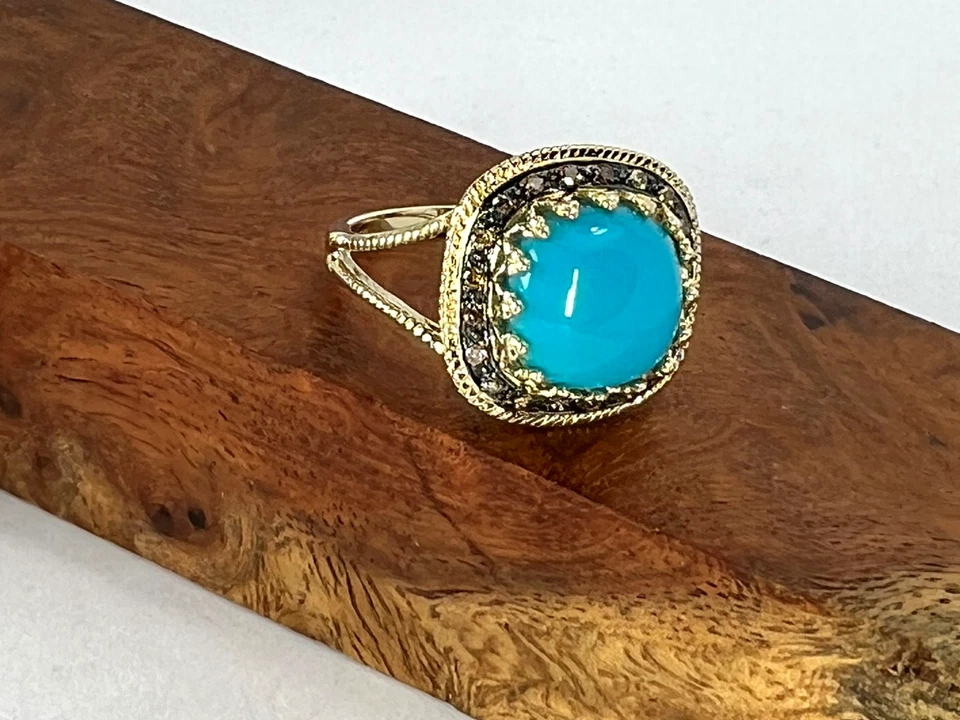 Anillo Halo Diamantes Champagne Turquesa La Bella Durmiente Oro Amarillo 14K Talla 10 Foto 2 de 4