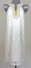 Lilly Pulitzer White Lace Gold Beaded Notch Split Neck Shift Dress 8 Sleeveless