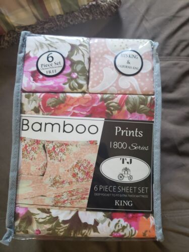 TJ-BAMBOO PRINTS 1800 Series 6pc King Sheet Set Deep Pocket Wrinkle Free