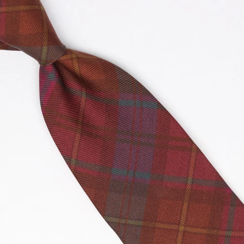 Josiah France Mens Silk Necktie Red Rust Green Plaid Tartan Self Tipped Tie