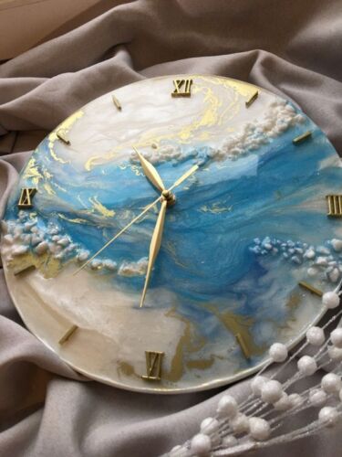 Resin Wall Clock for Home Decor Blue and Golden Abstract modern design - Afbeelding 1 van 1