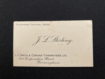 JL Stirling LC Smith & Corona Schreibmaschinen Birmingham Vintage Visitenkarte
