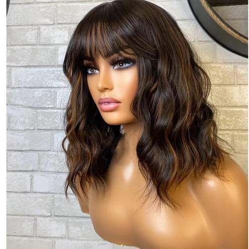 Highlight Brown Human Hair Wig With Bangs Loose Wave Full Machine Made Scalp Top - Picture 3 of 12