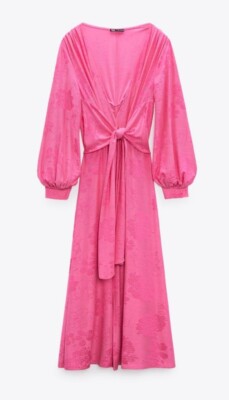 ZARA  PINK JACQUARD WRAP LONG DRESS KIMONO 5039/068 Size S