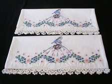 2 PillowCase Hand Embroidered Crochet Southern Belle Cotton Sateen Standard New