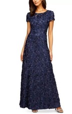 NWT Alex Evenings Navy Blue Formal Rosette Dress, Gown Sz 14 Retails 269 NEW