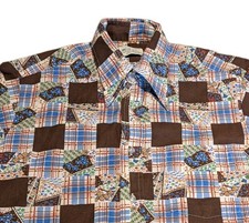 VTG 70s K Mart Disco Dagger Collar Button Up Shirt Patchwork AOP Sz M Kmart USA