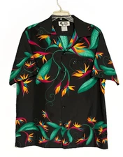VTG 70s MINT HILO HATTIE M BLACK HAWAIIAN BIRD OF PARADISE FLORAL HAWAIIAN SHIRT