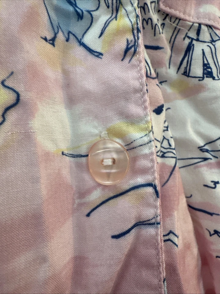 TEDDI Vintage Sz L Pink Blue Tropical Palm Tree Print Denim Collar Button Down - Image 2 of 4