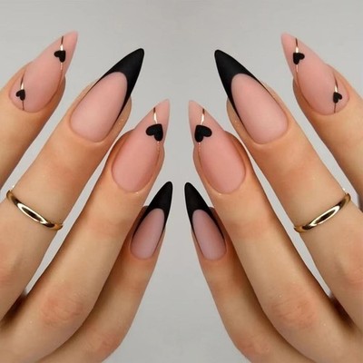 Valentine's Day Press On Nails - 24 Pcs Medium Almond Black French Tips