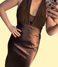 Davids Bridal Sz 16 Chocolate Brown Chiffon Halter Bridesmaid Dress Prom