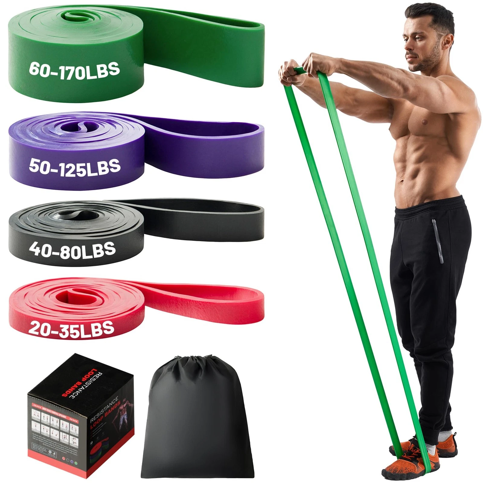 Resistance Bands Set 4-Level 20-170 lbs - Pull Up Assistance, Home Gym