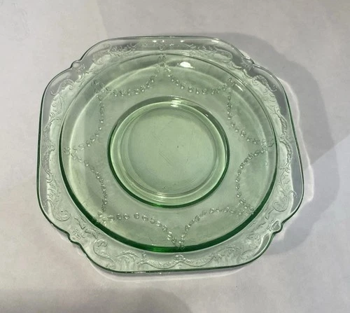 Vintage Green Uranium Depression Glass Square Saucer Madrid Pattern